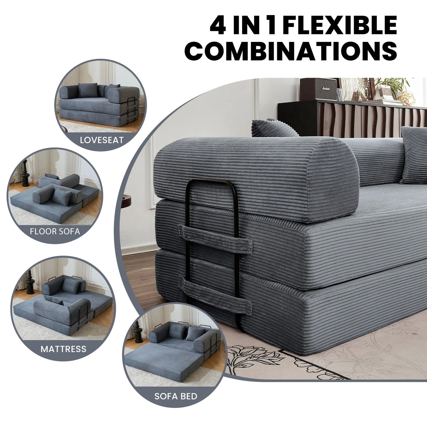 79" Convertible Sofa Bed with Fixed-Shape Frame & Removable Armrests, Modular Corduroy
