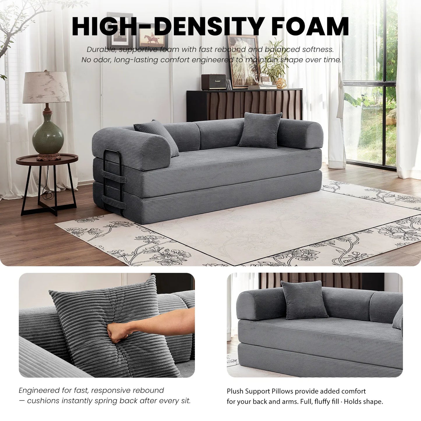 79" Convertible Sofa Bed with Fixed-Shape Frame & Removable Armrests, Modular Corduroy