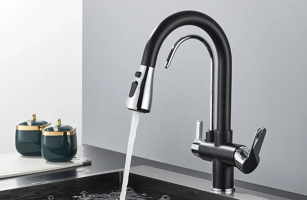 Quyanre Matte Black Filtered Crane For Kitchen Pull Out Spray 360 Rotation Water Sink Mixer Kitchen Faucet