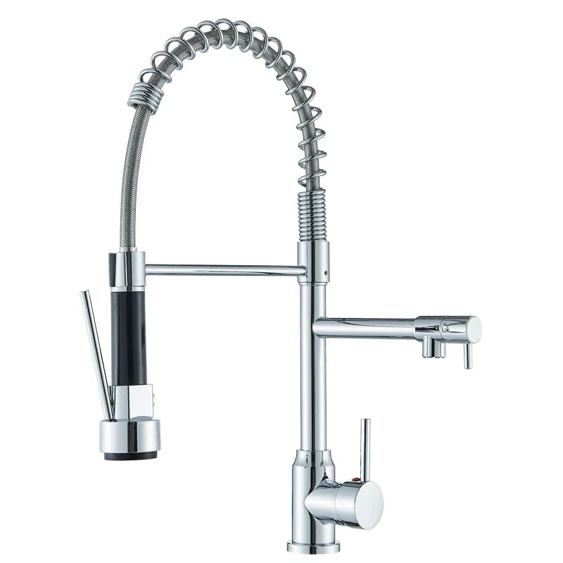 Black Kitchen Faucet With Pull Down Spring Sprayer Deck Mounted Hot and Cold Water Mixer