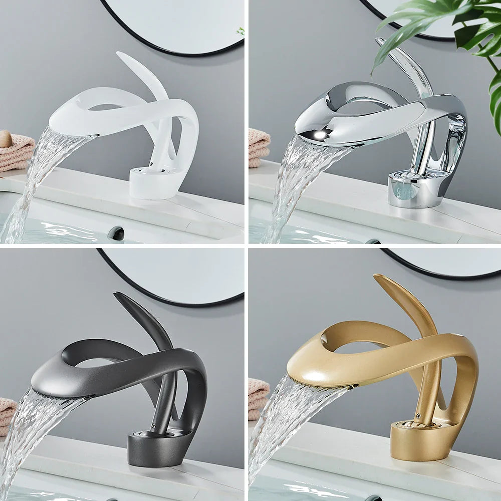 Rozin Luxury Black Basin Faucet Grey Bathroom Waterfall Mixer Tap Brass Deck Mount Modern Style
