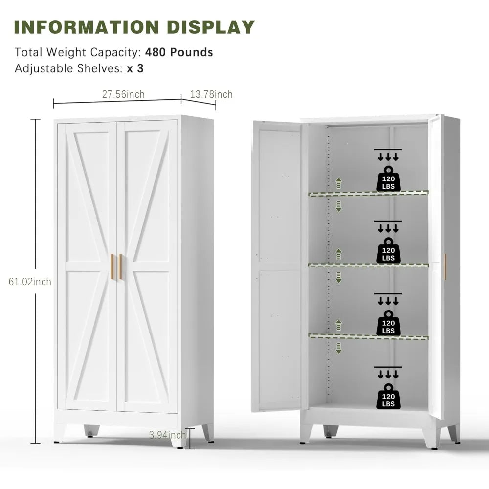 Exquisite White Farmhouse Storage Pantry Cabinet with 2 Barn Door, 3 Adjustable Shelves and Legs, Cupboard/Dining Ro