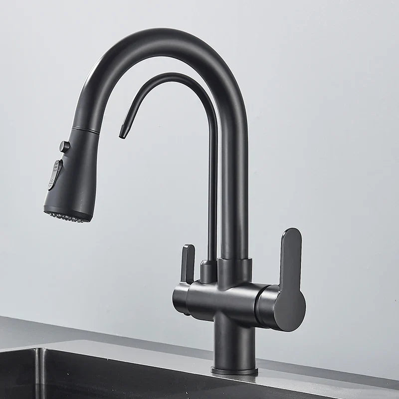 Quyanre Matte Black Filtered Crane For Kitchen Pull Out Spray 360 Rotation Water Sink Mixer Kitchen Faucet