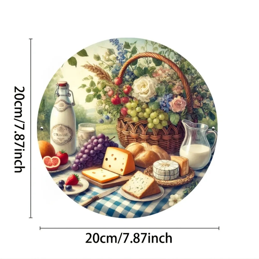 Rustic Food-Themed Decorative Wall Plate - 8x8 Inch Round Aluminum