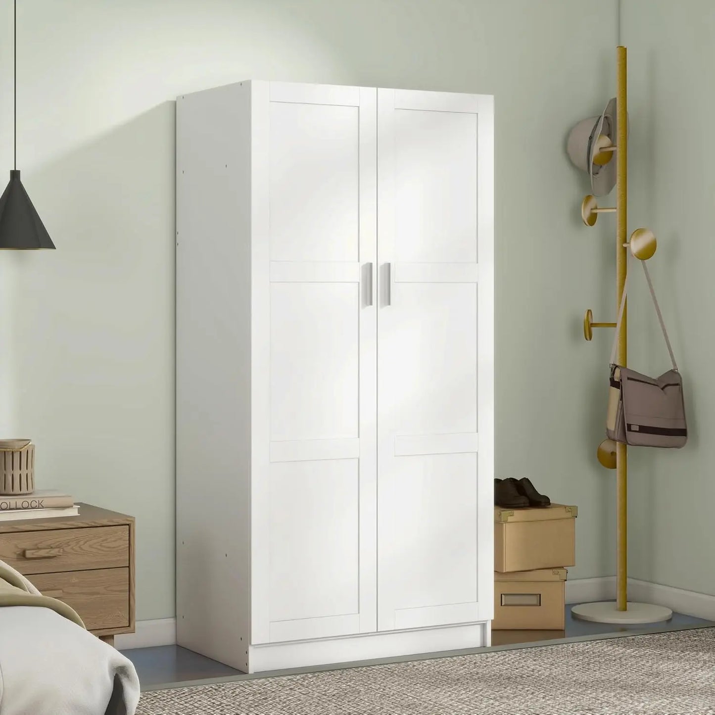 Modern 2 Door Wardrobe Bedroom Armoires Closet Clothing Storage Cupboard with 2 Shelves