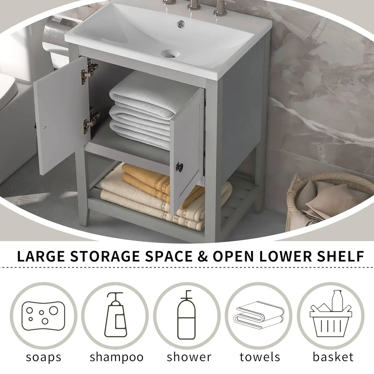 24 Inch Bathroom Vanity Sink Cabinet Solid Wood Door Open Shelf