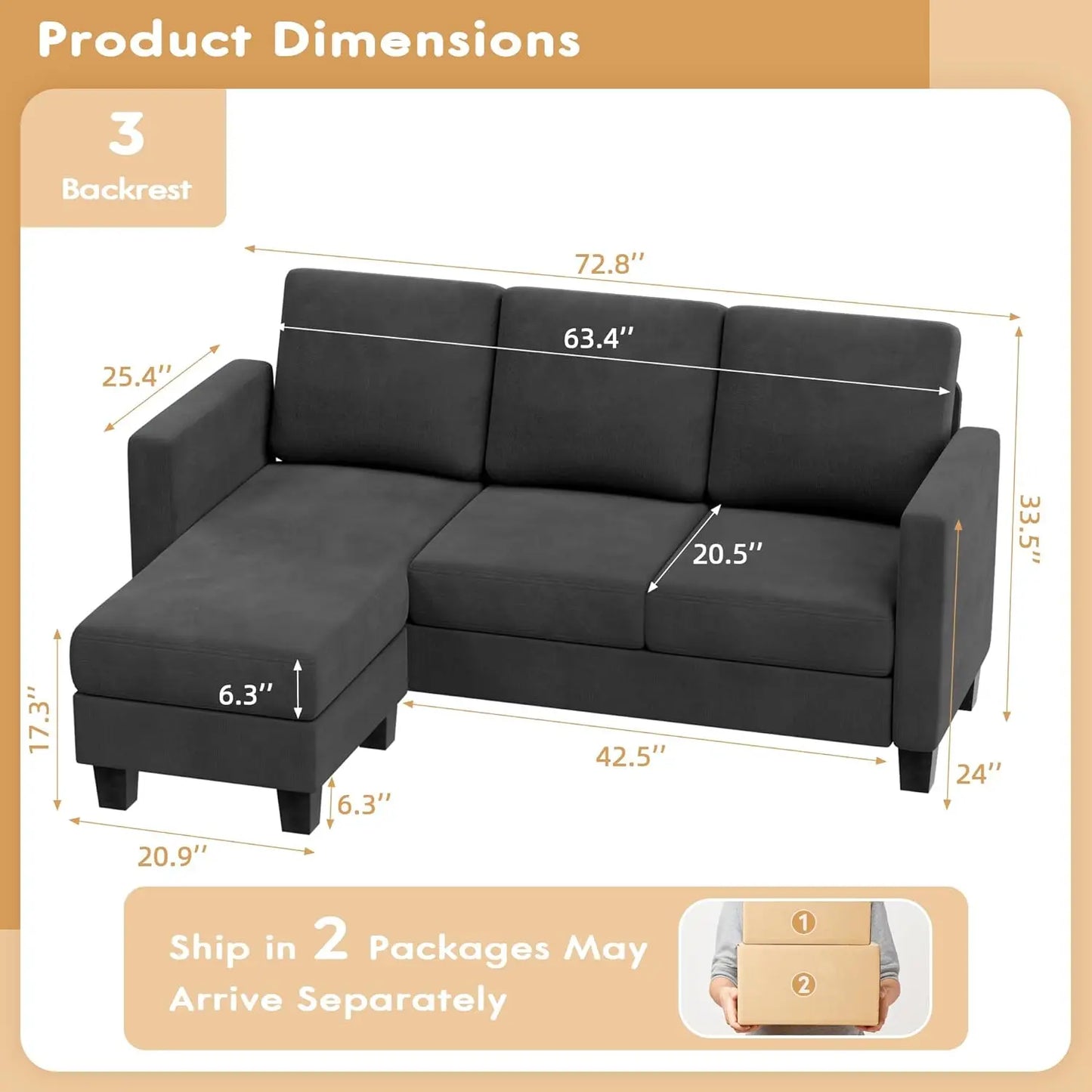 Sofa Couch, 3 Seat L-Shaped Sofa with Linen Fabric Ottoman