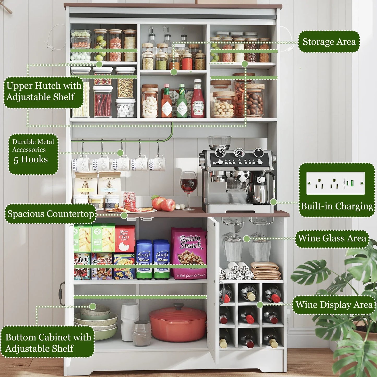 71" Kitchen Pantry Cabinet with Charging Station, for Kitchen Storage with Sliding Doors, Co
