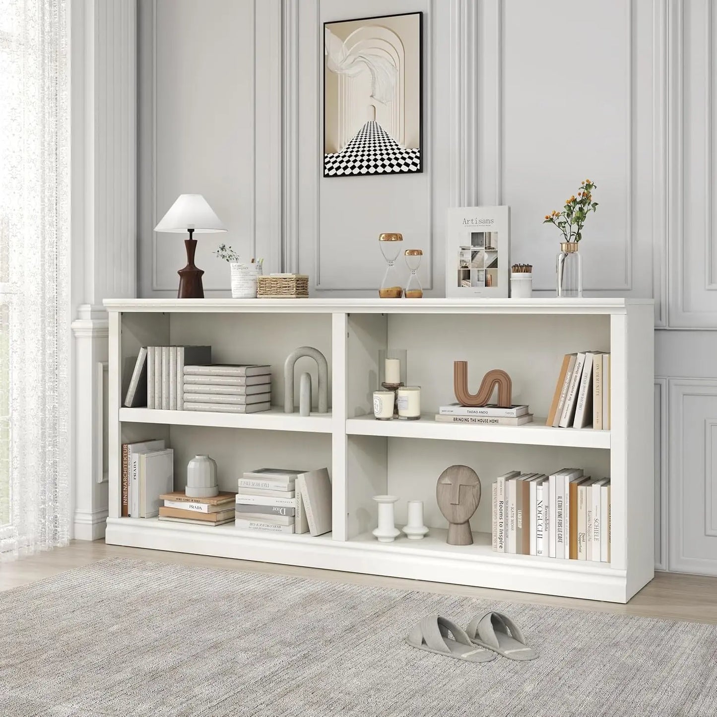 Double Wide Open Shelf Bookcase - 2 Tiers 4 Storage Cube Adjustable Space Book Case