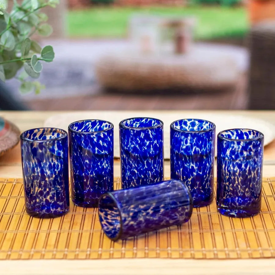 Hand Blown Blue Confetti Recycled Glasses 5 Oz 'Marine' Set Of 6