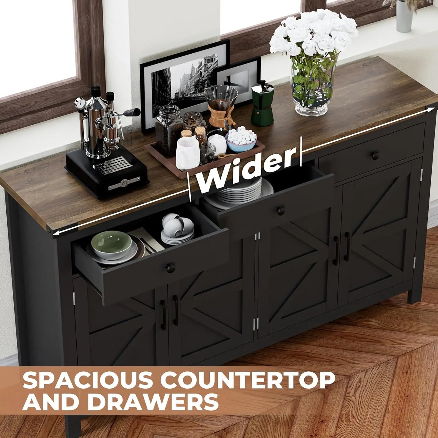 63" Sideboard Buffet Cabinet with Storage, Coffee Bar with 3 Drawers and 4 Barn Doors,