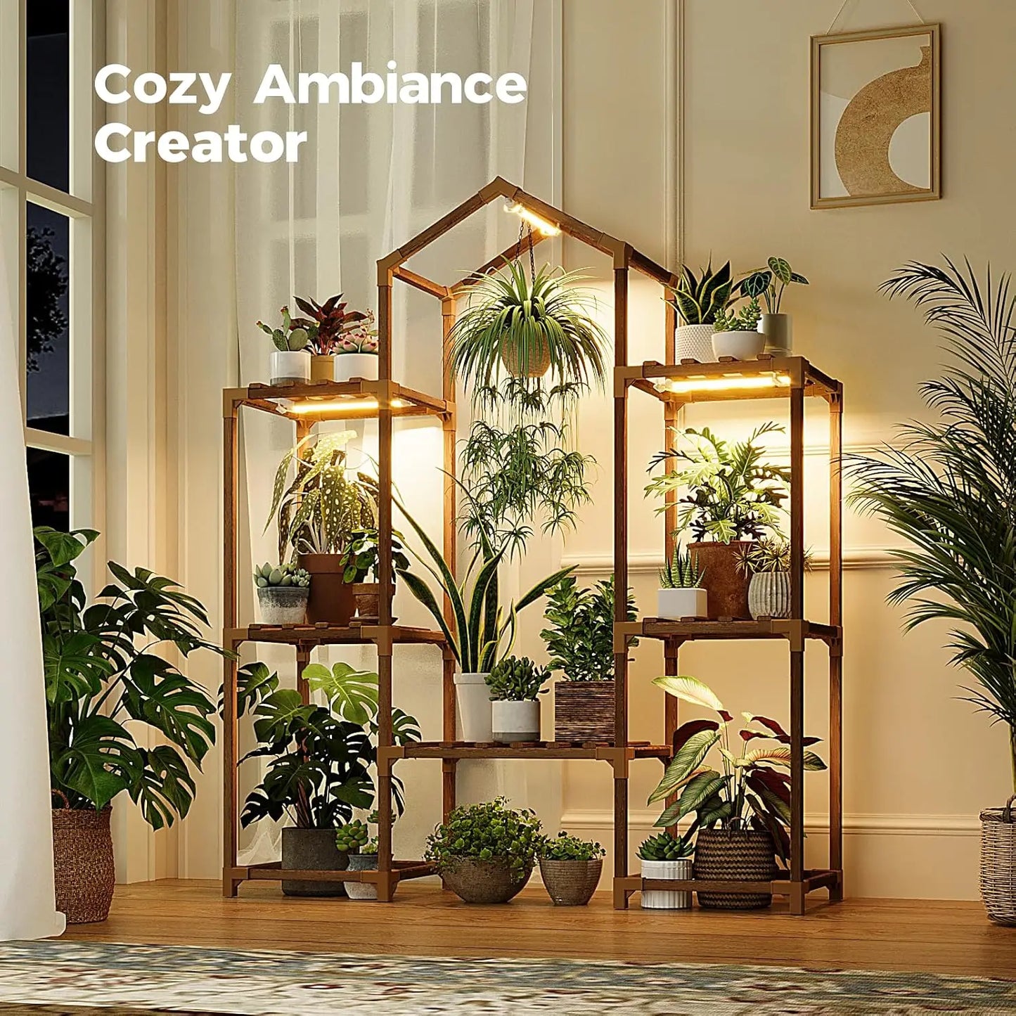 Wood Plant Shelf with Grow Lights for Indoor Hanging Planter Pots  Living Room Patio