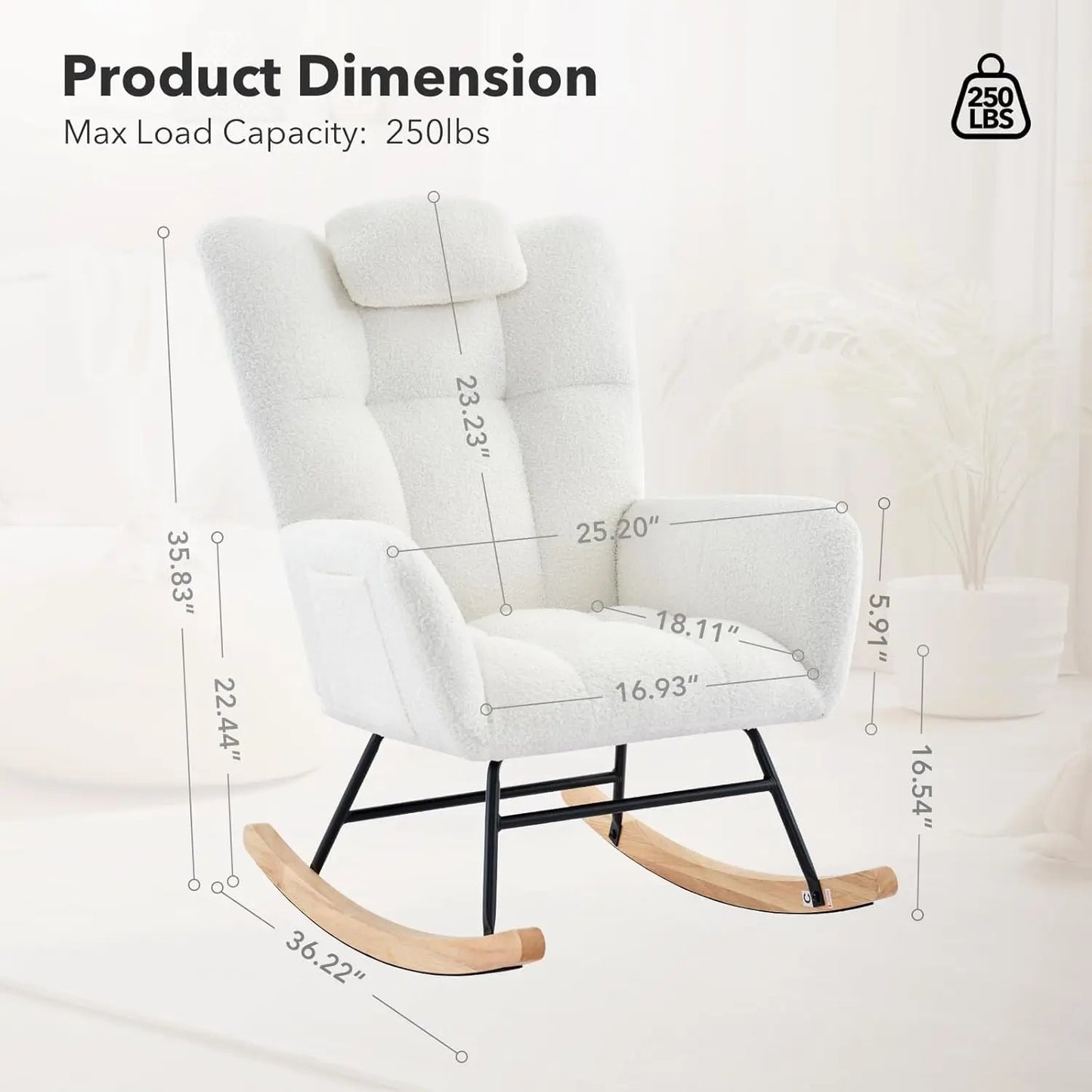 Modern Upholstered Nursery Rocking Chairs, with Side Pocket High Back Teddy Boucle  4 colors