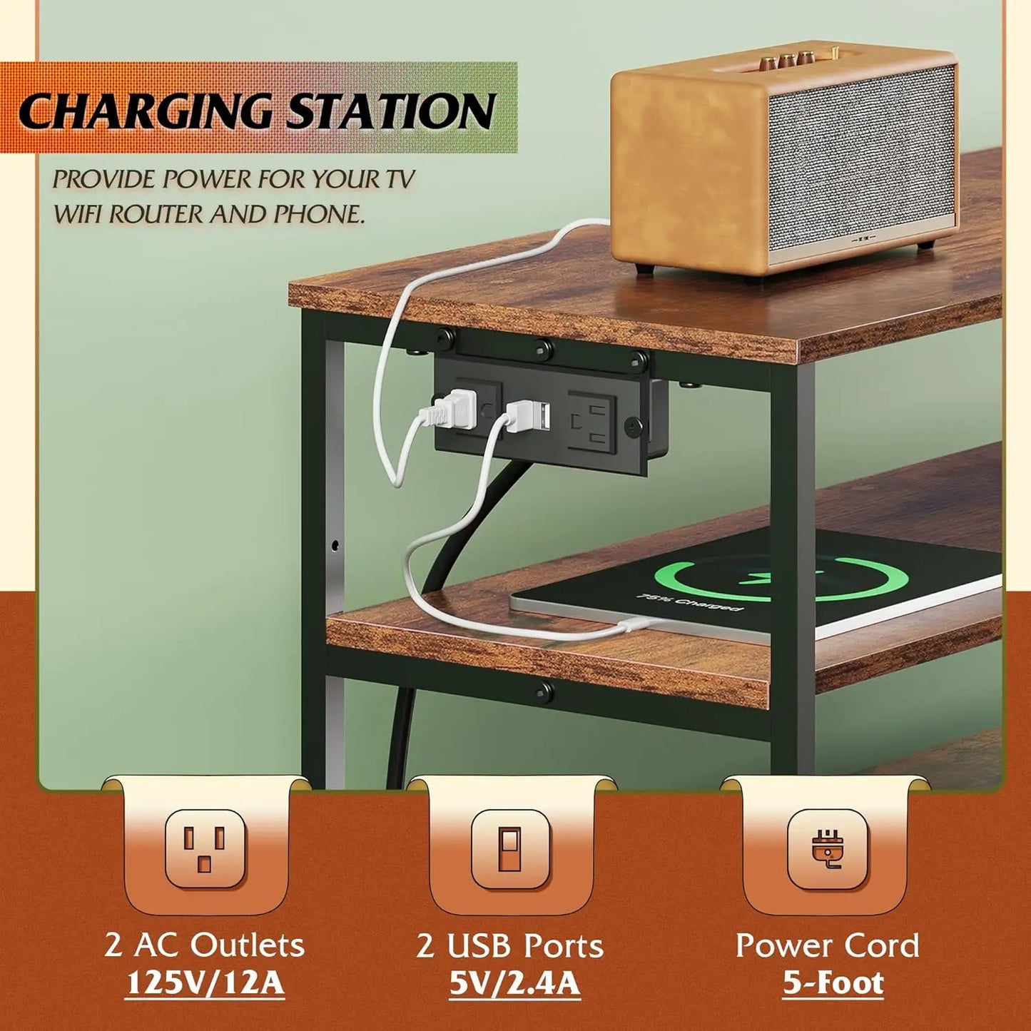 TV Stand for 40-45 Inch TVs with LED Lights, Charging Station,, Rustic Brown Entertainment Center