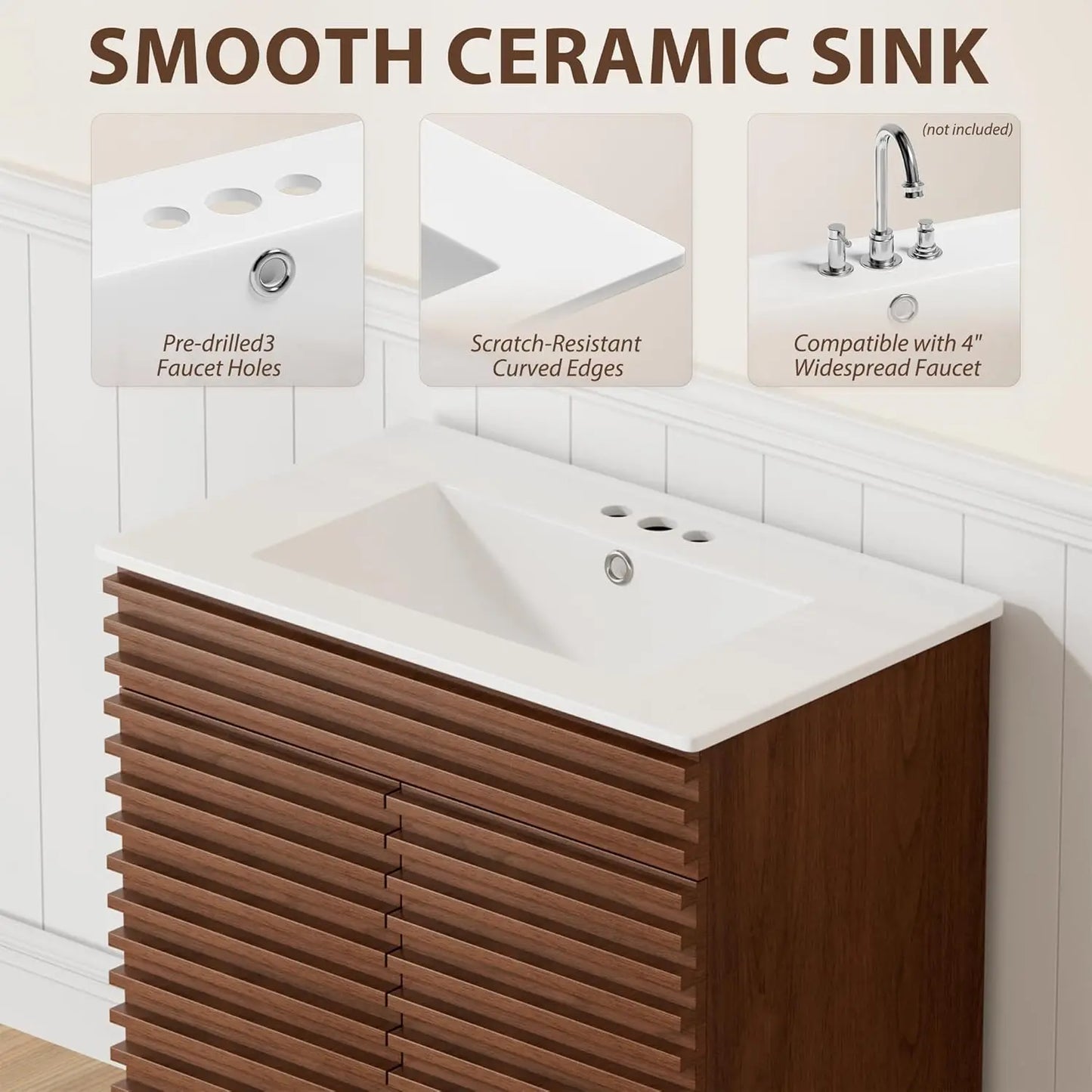 30" Mid-Century Bathroom Vanity Cabinet Ceramic Sink Soft Close Doors Freestanding