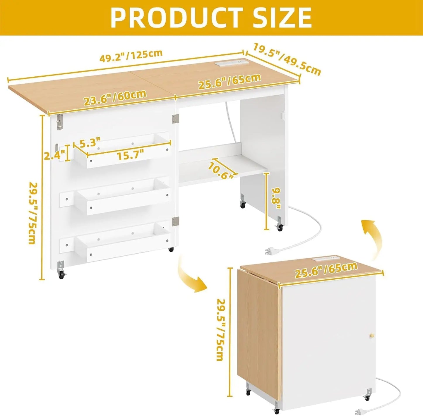 Folding Sewing Table w/Charging Station, Sewing Table