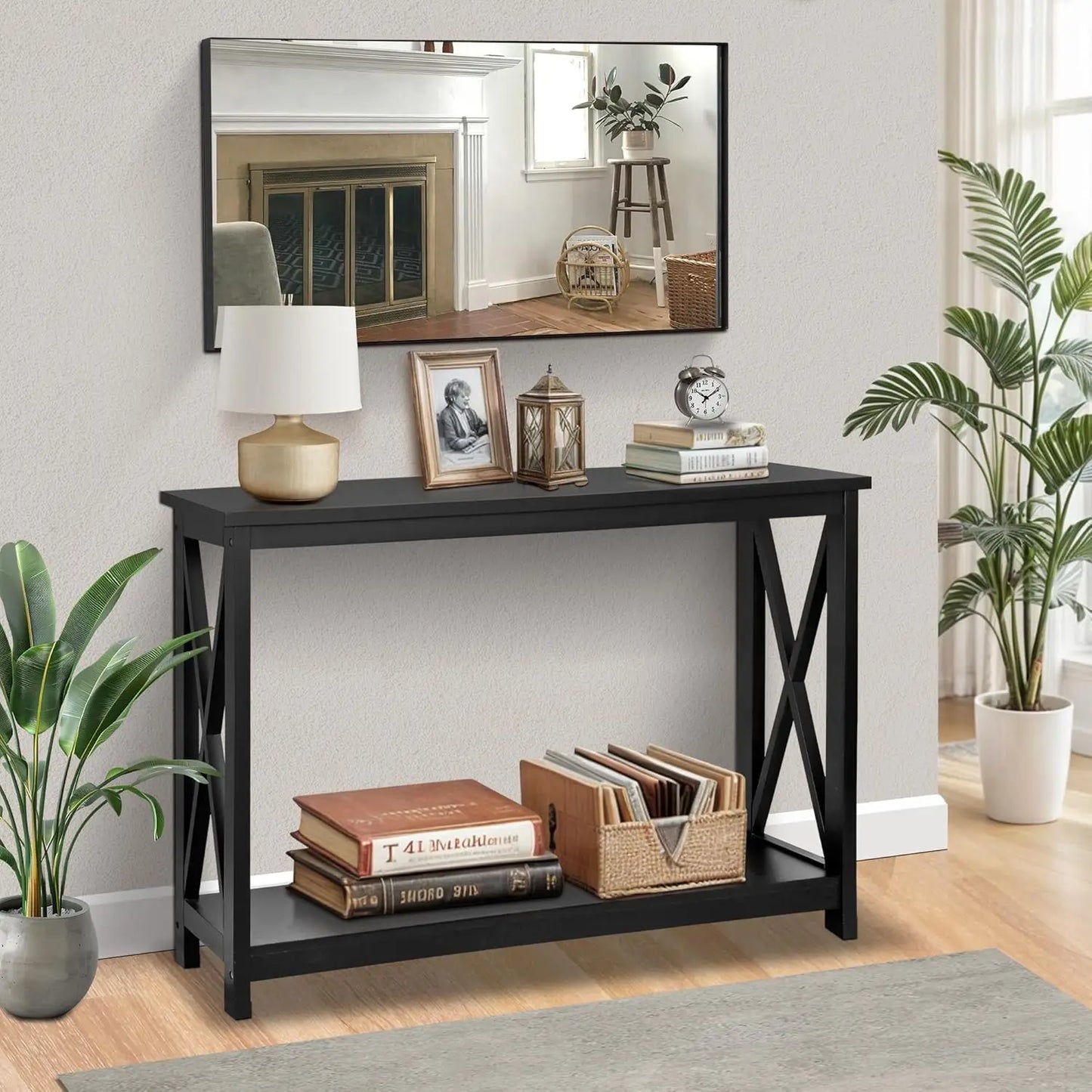 39.5" Narrow Console Table with 2-Tier Storage Shelf, Black Finish for Hallway Living Room Office