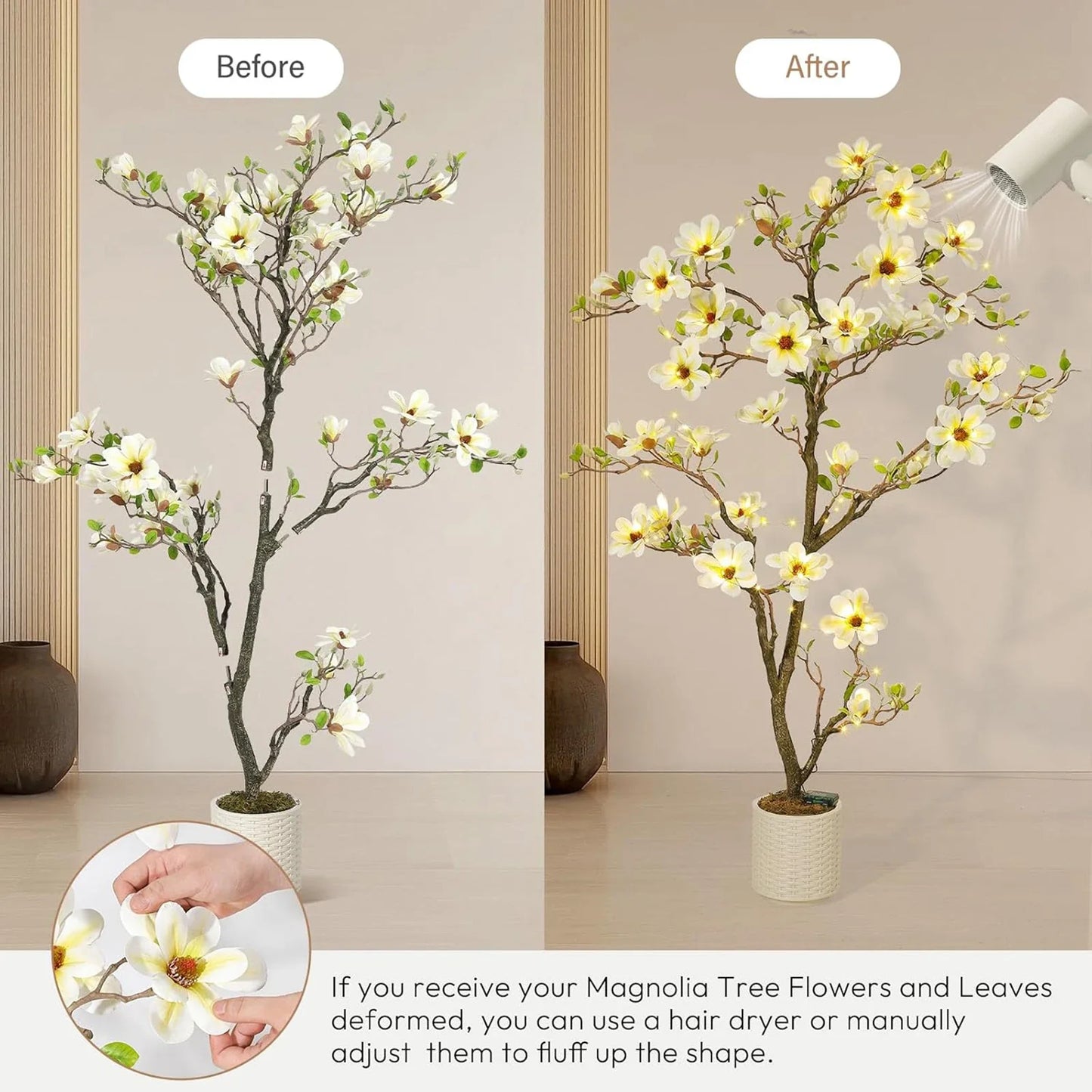 Artificial Magnolia Plant Faux Flower Trees  with LED Light for Yard Patio Home