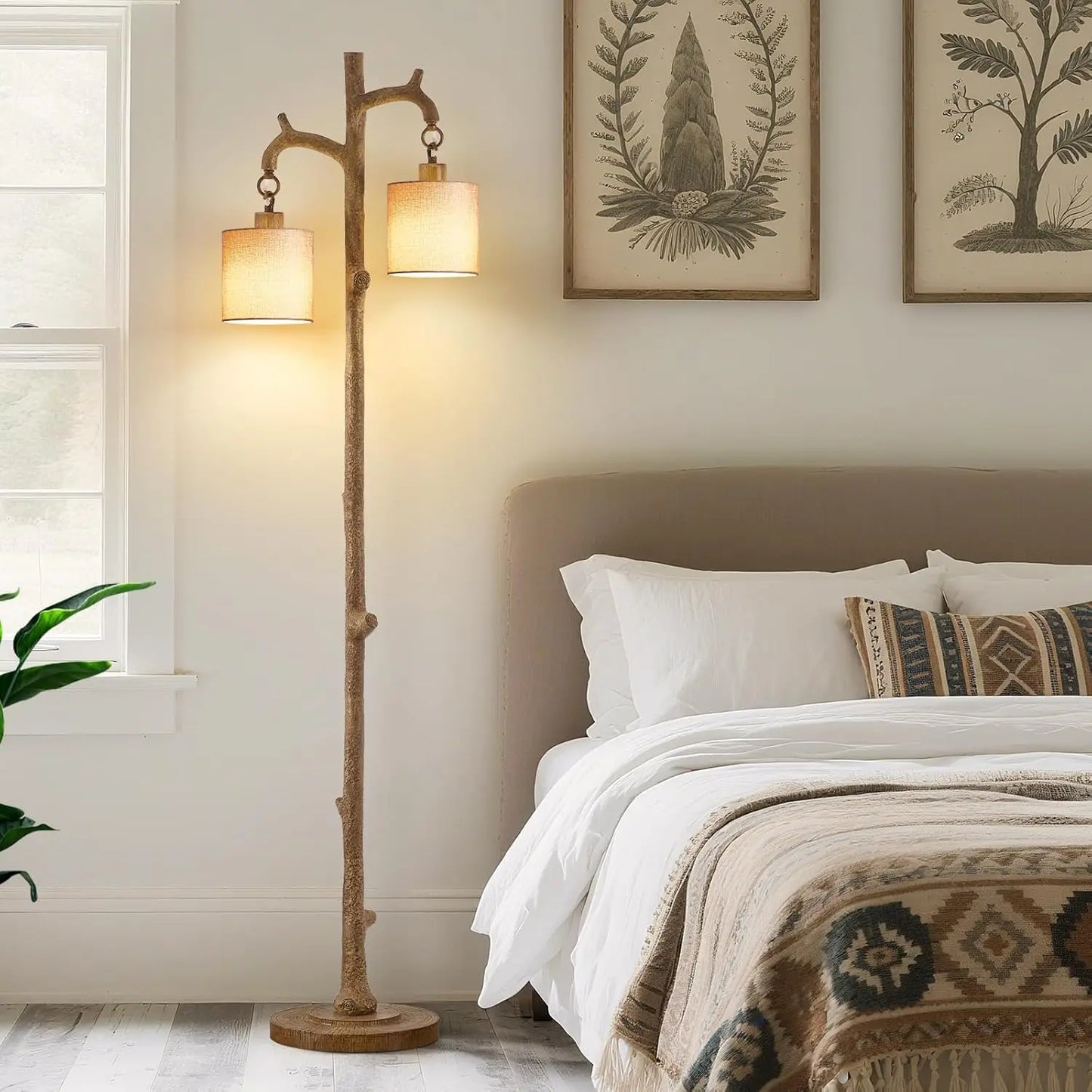 Rustic Farmhouse Floor Lamp with LED Bulbs - Tree Trunk Design for Living Room, Bedroom, Office Decor