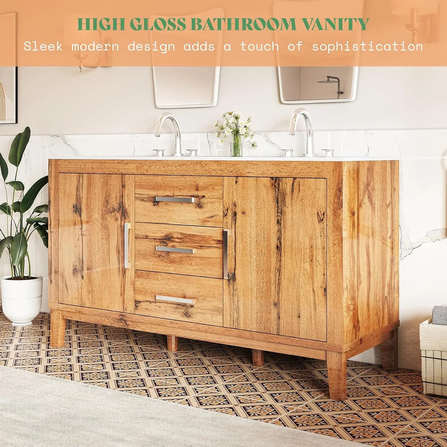 60in Double Bathroom Vanity High Gloss Woodgrain Storage 3 Hole Sink 2 Soft Close Doors Oak