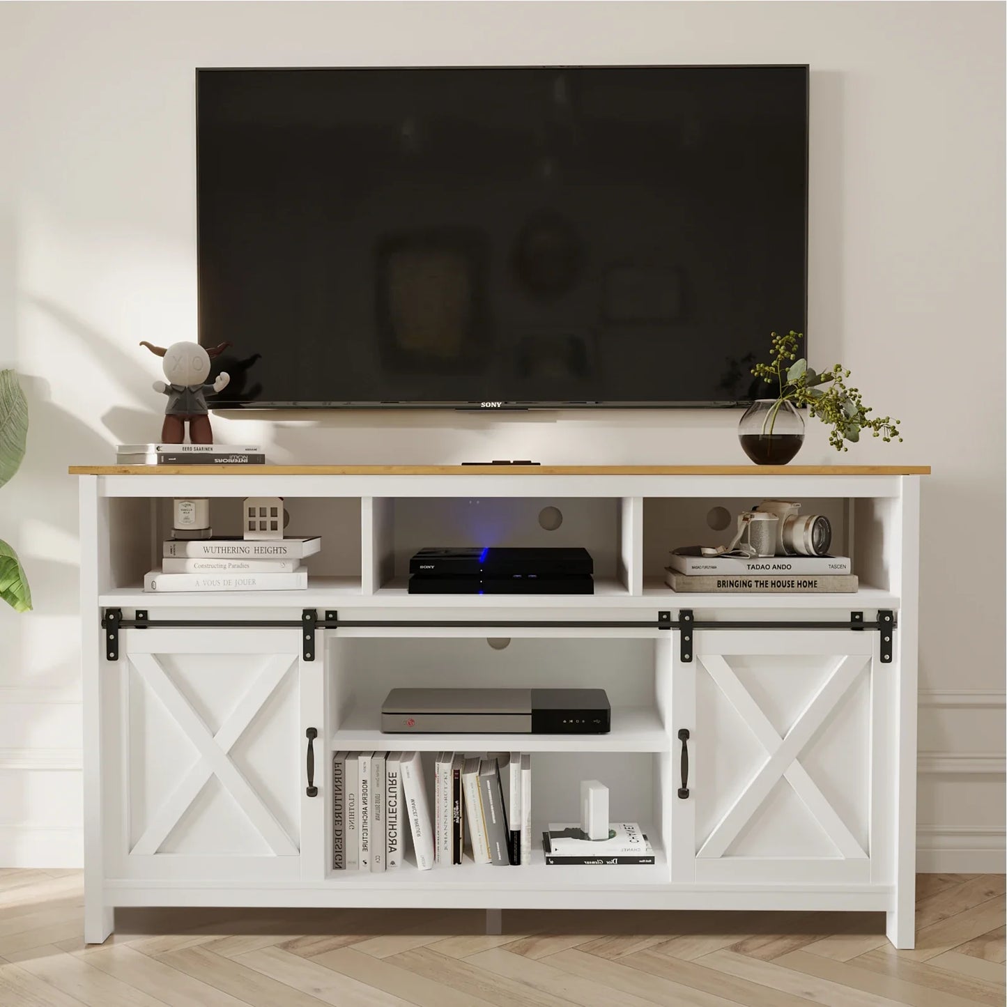 TV Stand Farmhouse Coffee Bar Cabinet Rustic Sliding Barn Door Cabinet with Power Outlet & LED Light