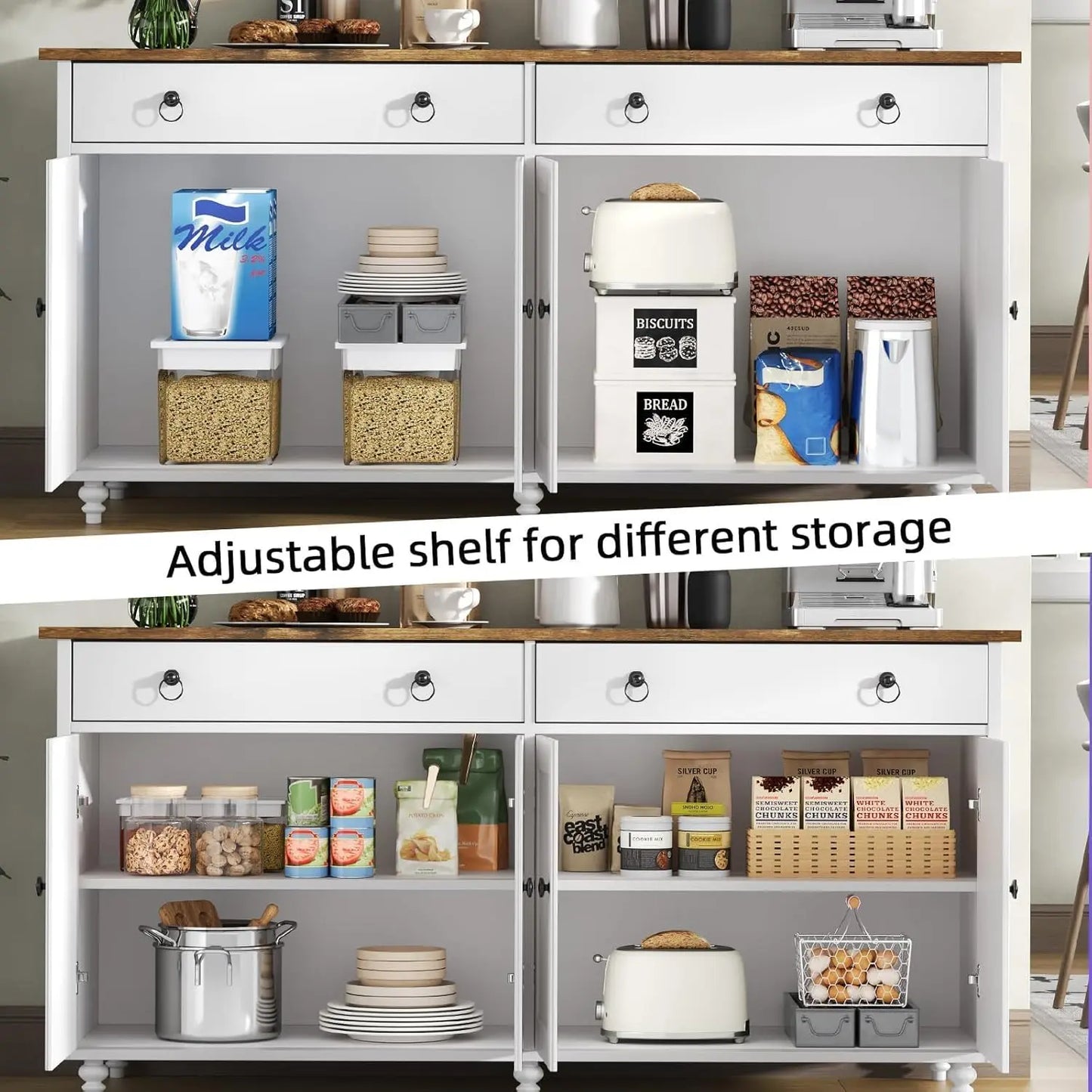 Buffet Cabinet with Storage, 55'' Large Farmhouse Cabinet with 2 Drawers and 4 Doors
