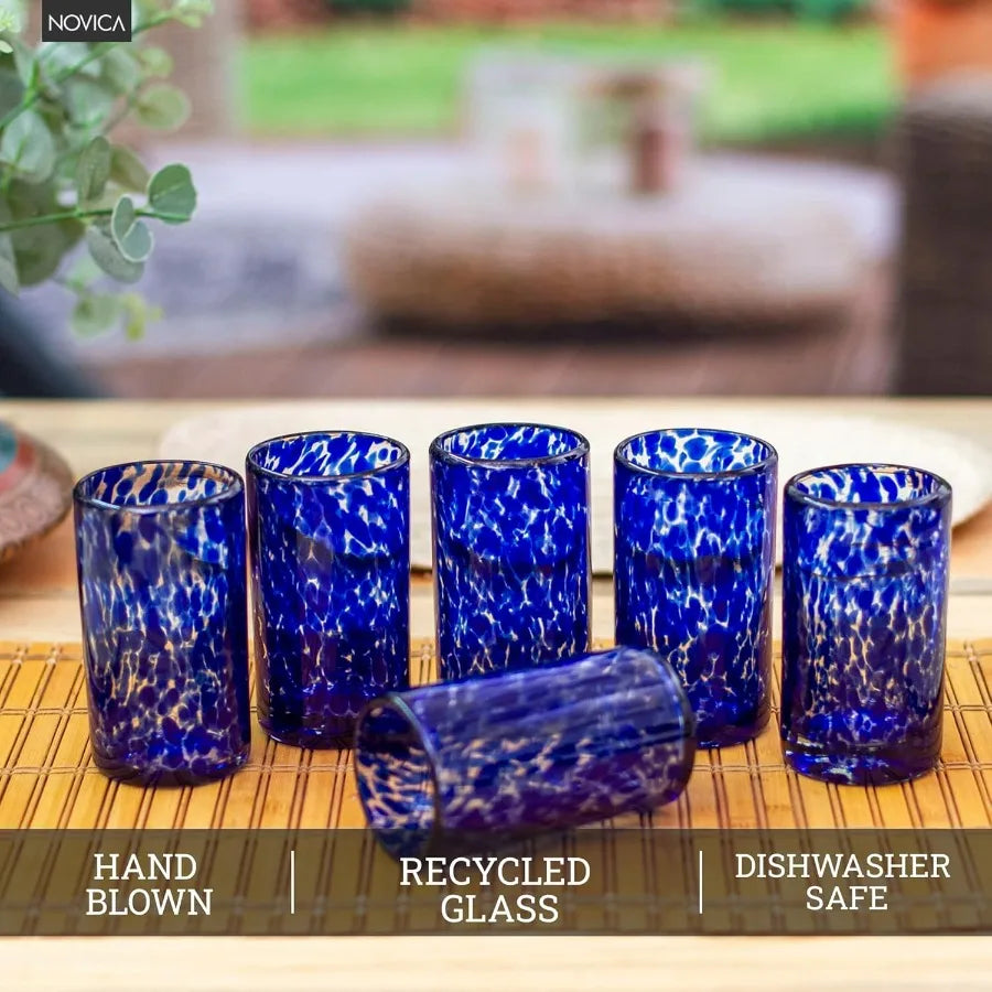 Hand Blown Blue Confetti Recycled Glasses 5 Oz 'Marine' Set Of 6