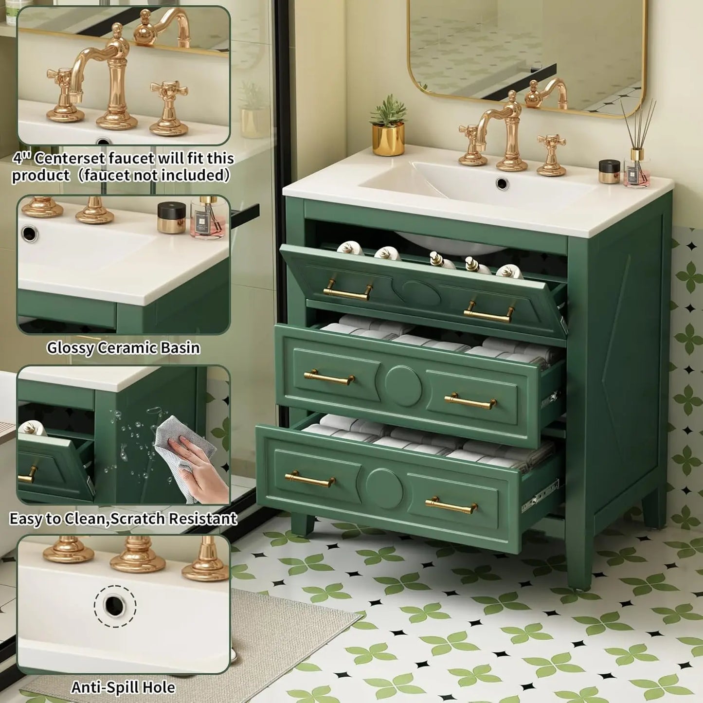 30in Solid Wood Bathroom Vanity Ceramic Sink Storage Cabinet
