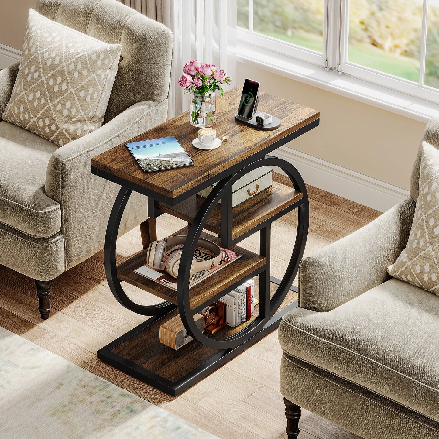 Tribesigns End Table, Narrow End Table with 3 Storage Shelves,