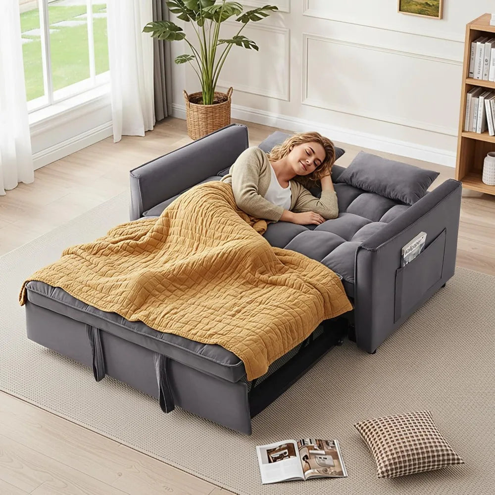 Convertible Sleeper Sofa Bed, 54'' Loveseat with Adjustable Backrest, Velvet Fabric,