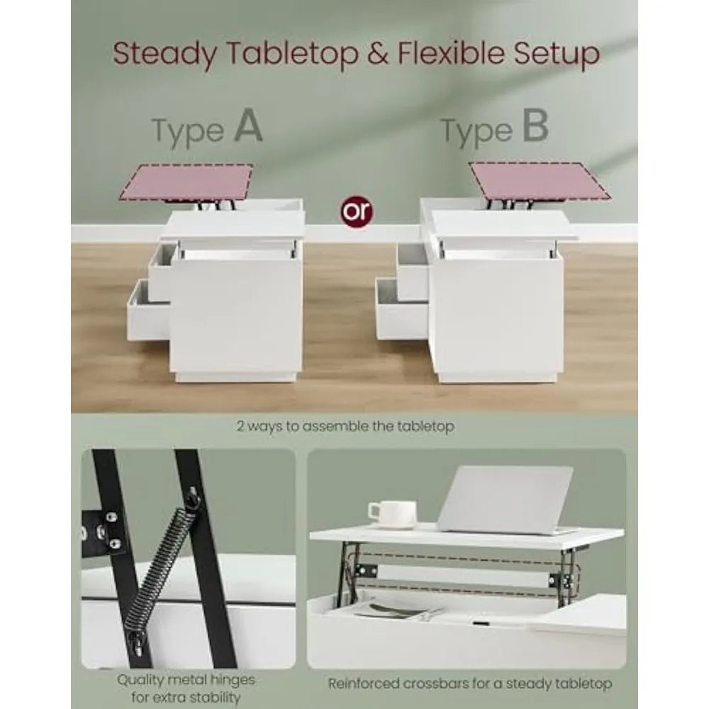 Lift Top Coffee Table with Drawers and Hidden Storage, Center Table