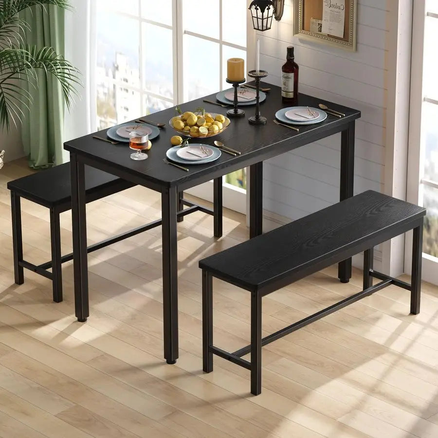 Dining Table Set for 4, 3Piece Kitchen Table with 2 Benches,