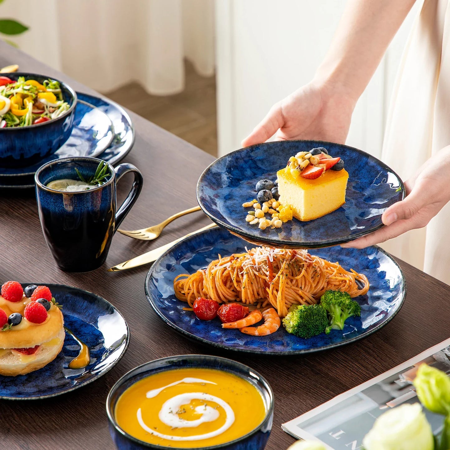 vancasso 16/32/48-Piece Starry Blue Dinner Set with Dinner Plate,Dessert Plate,Bowl,Mug