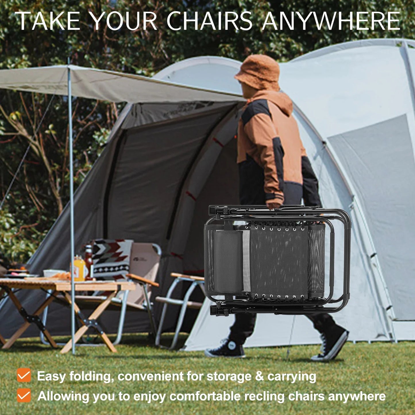 JHK Zero Gravity Set of 2 Portable Recliner  Outdoor Garden Lounge Chair with Cup Holder