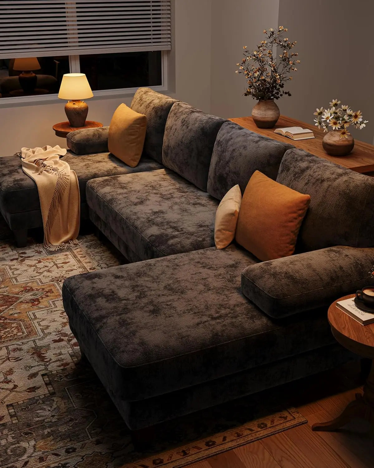 112 Inch U-Shaped Sectional Sofa, Dark Grey Chenille Fabric, Double Chaise for Living Room
