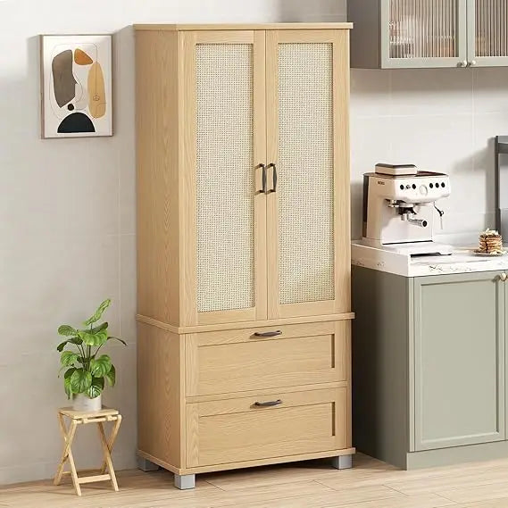 Wood Pantry Cabinet with Rattan Doors, Freestanding Tall Storage Cabinets,