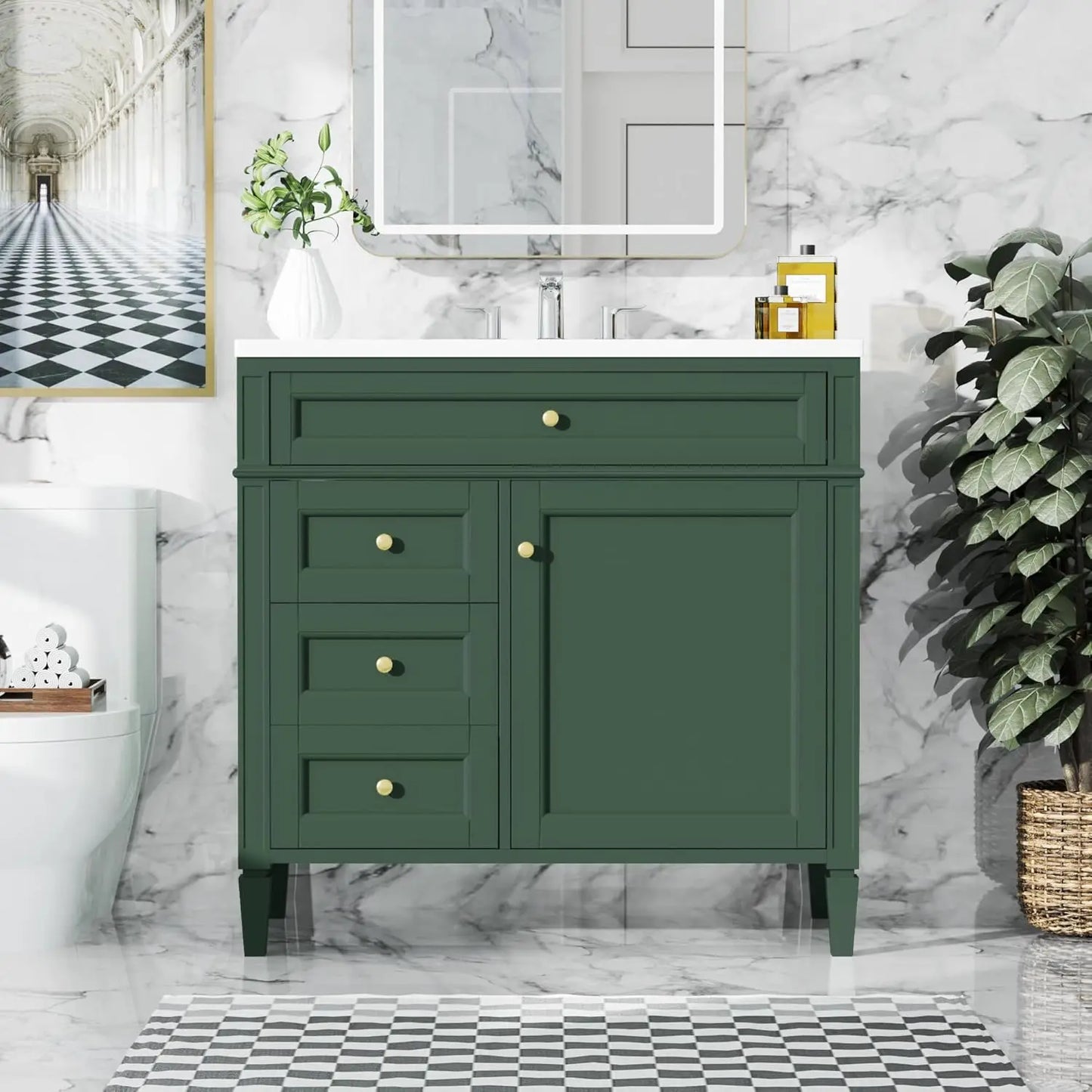 36in Solid Wood Bathroom Vanity with Soft-Close Doors & Tip-Out Drawer Undermount Sink Cabinet Green