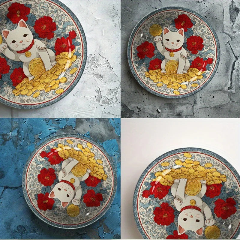 2D Flat, 8-Inch Round Plate  Decorative Ceramic Lucky Cat  1pc White Design
