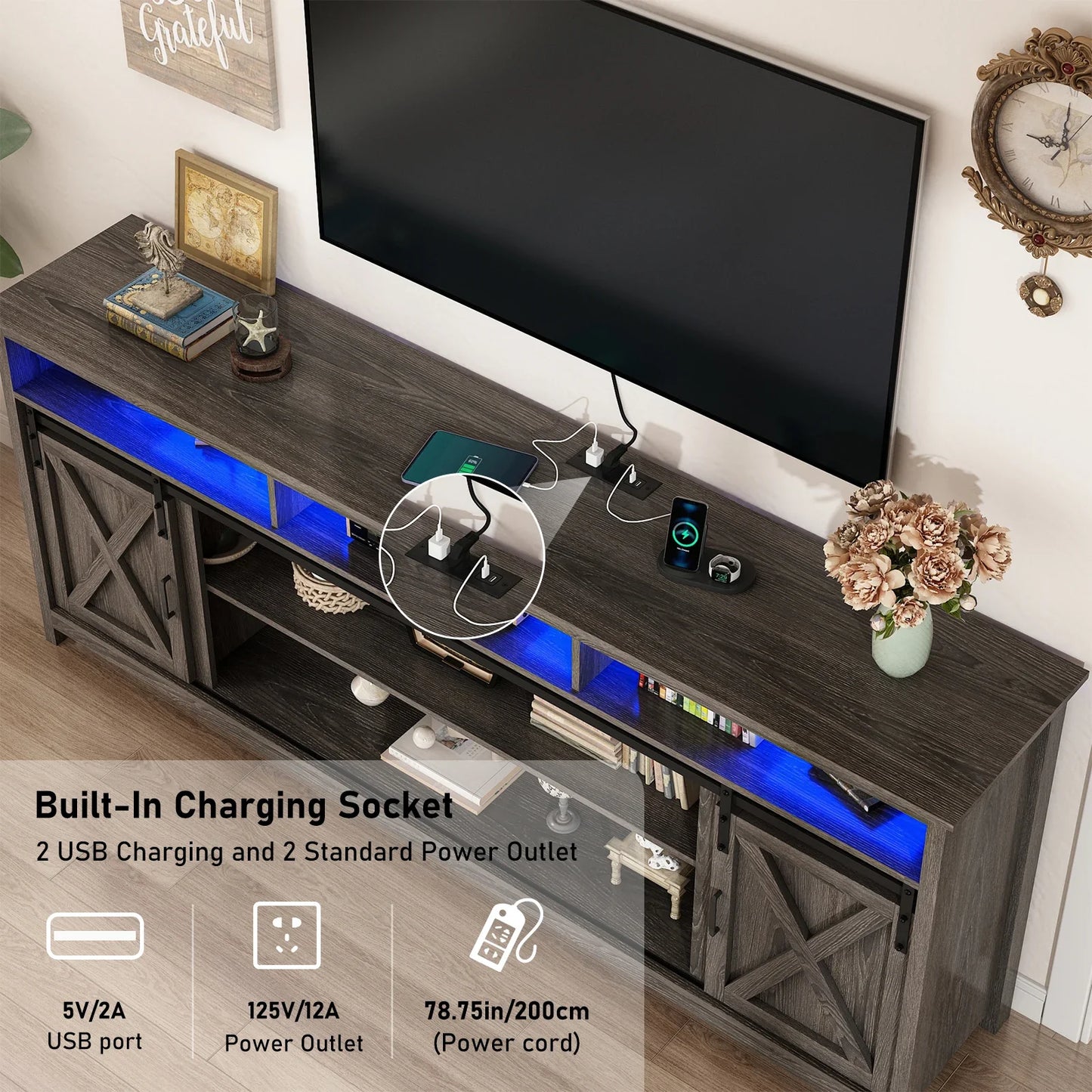 TV Stand Farmhouse Coffee Bar Cabinet Rustic Sliding Barn Door Cabinet with Power Outlet & LED Light