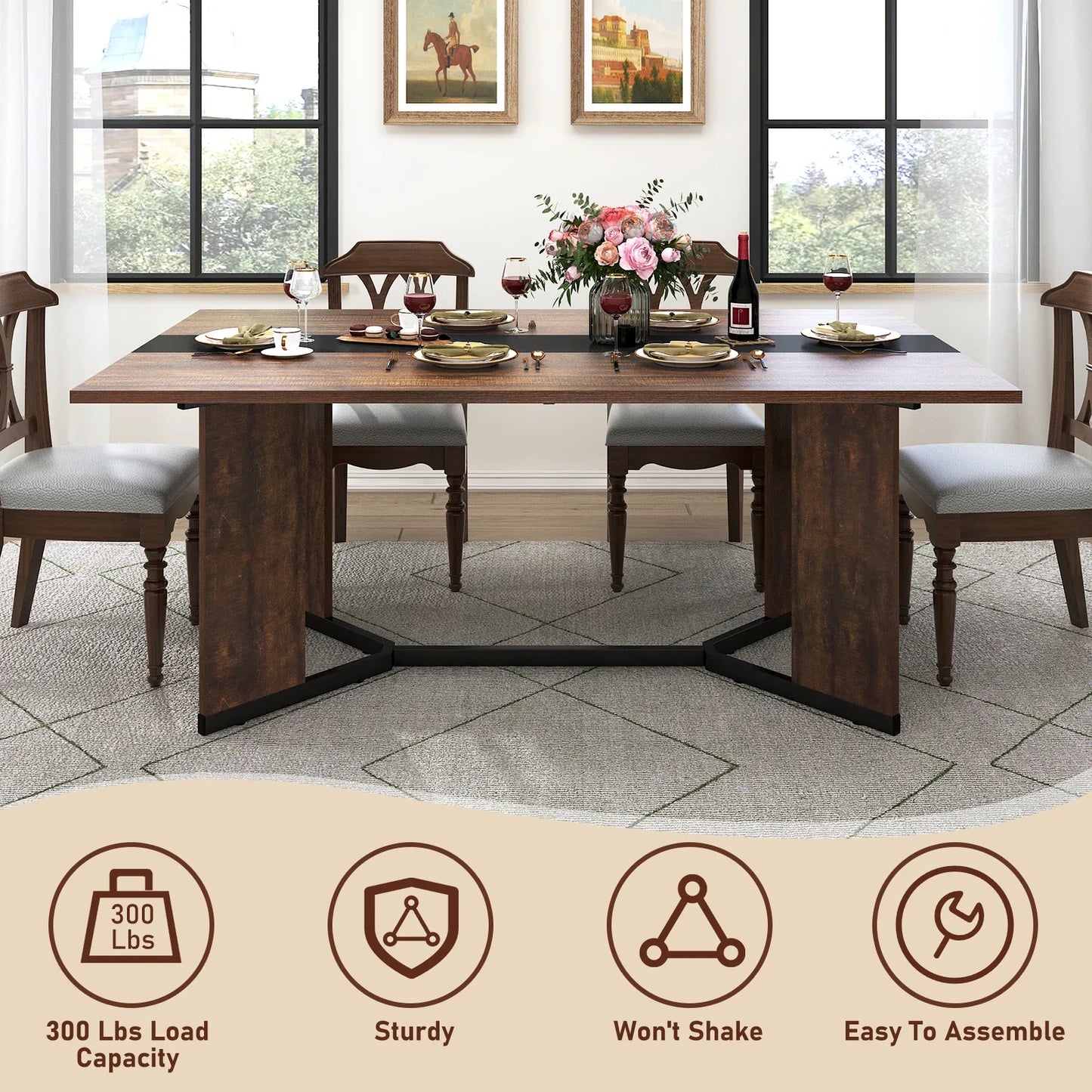71In Large Rectangular White Dining Table for 4 5 6 8 10 People, Family Dinner Table w/Marble Color, Wood Tabletop, Metal Leg