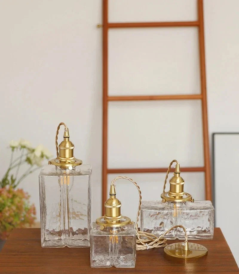 Japanese Retro Glass Pendant Light Yellow Copper Bedroom Chandelier Lightingt