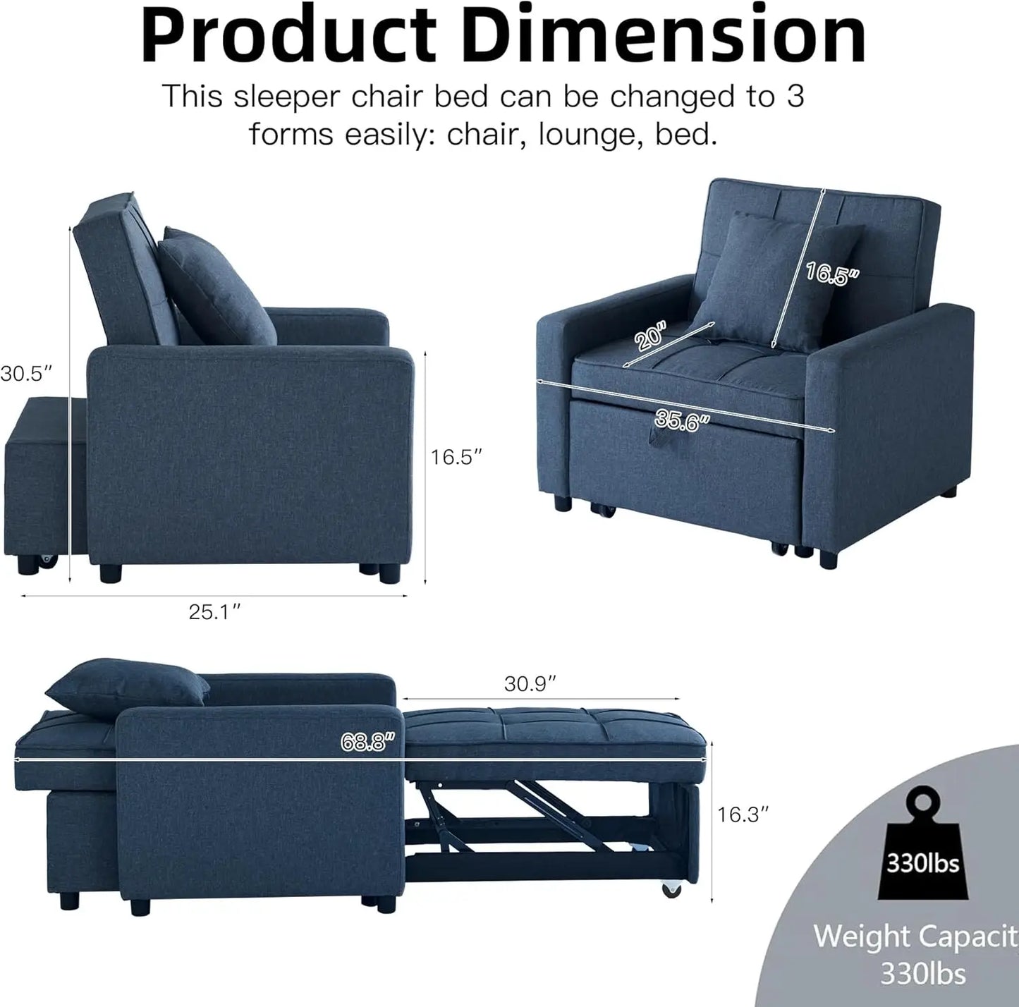3-in-1 Sleeper Sofa Bed with Reclining Backrest, Convertible Futon Couch,  for Small Spaces (Blue)