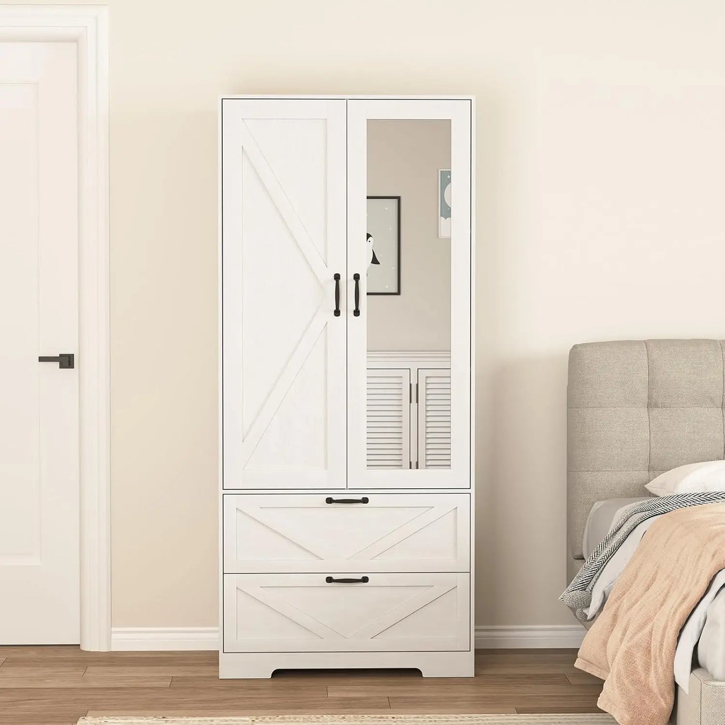 3 Door Armoire Wardrobe Closet with 2 Drawers, Hanging Rod & Lights,,