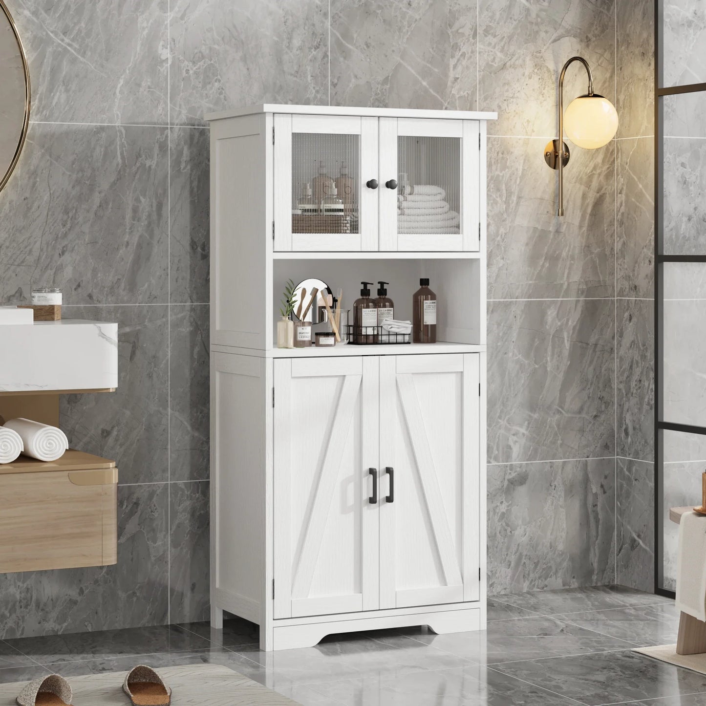 Free Standing Kitchen Pantry Cupboard with 4 Doors with Tempered Glass Doors