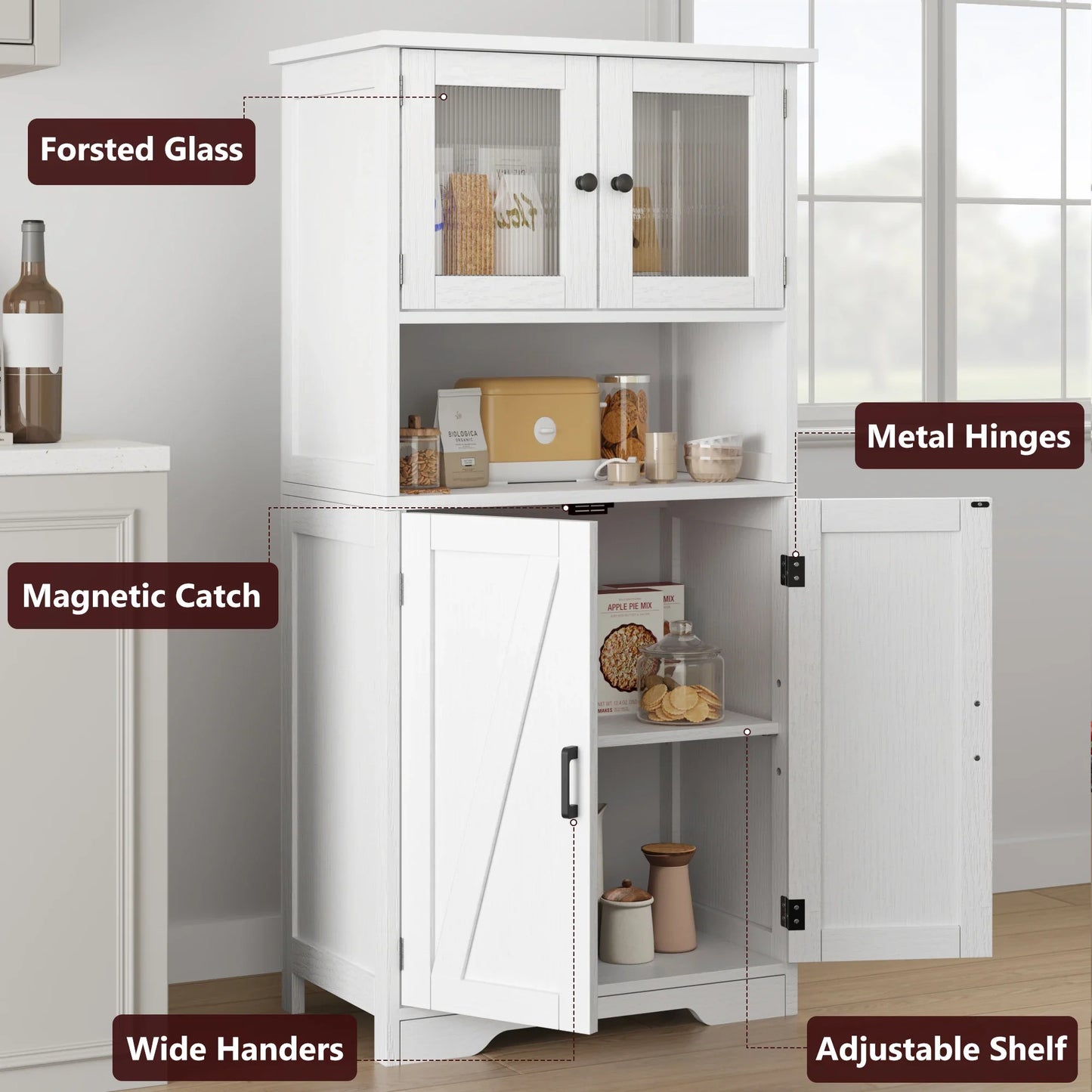 Free Standing Kitchen Pantry Cupboard with 4 Doors with Tempered Glass Doors