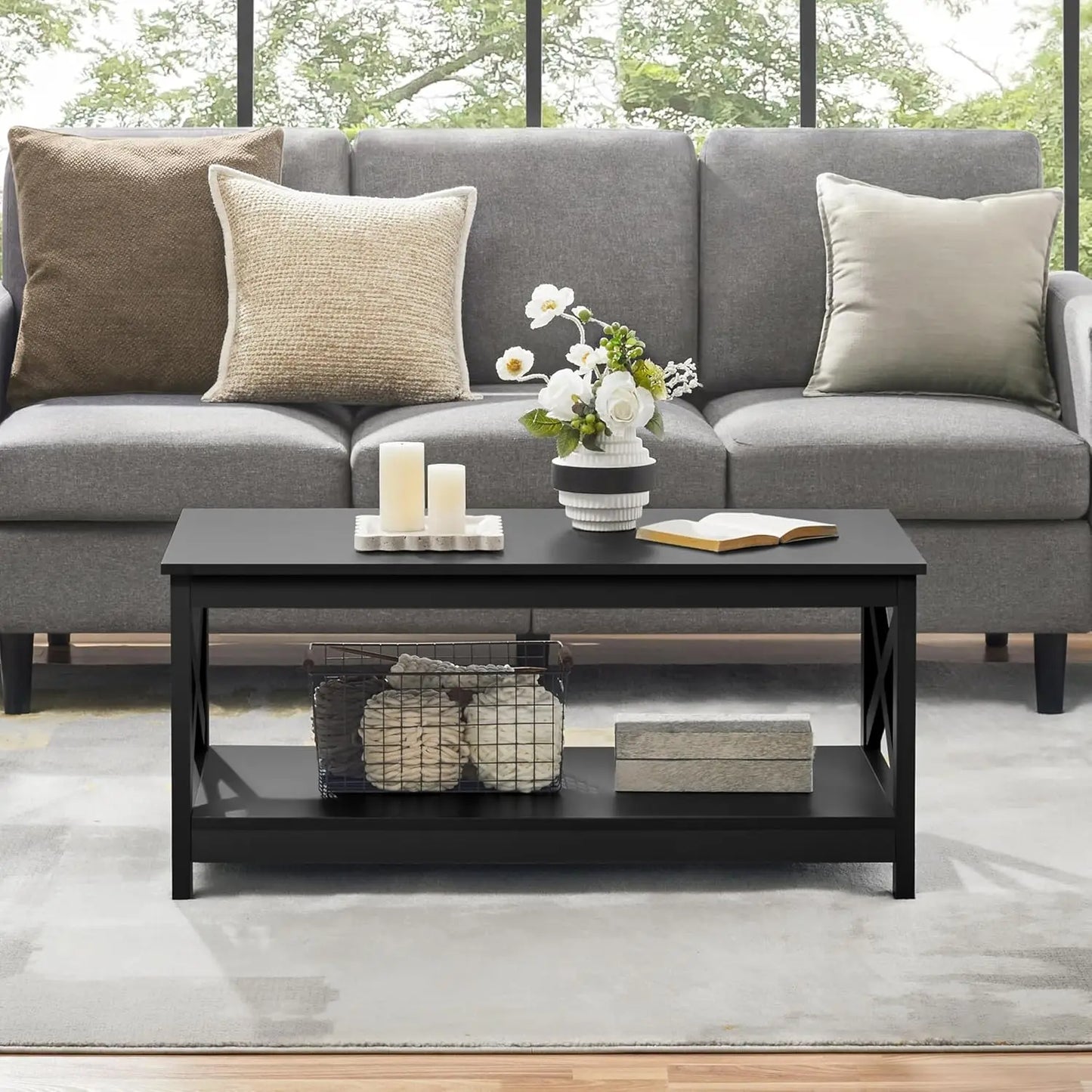 Wood 2-Tier Black Coffee Table with Storage Shelf for Living Room,