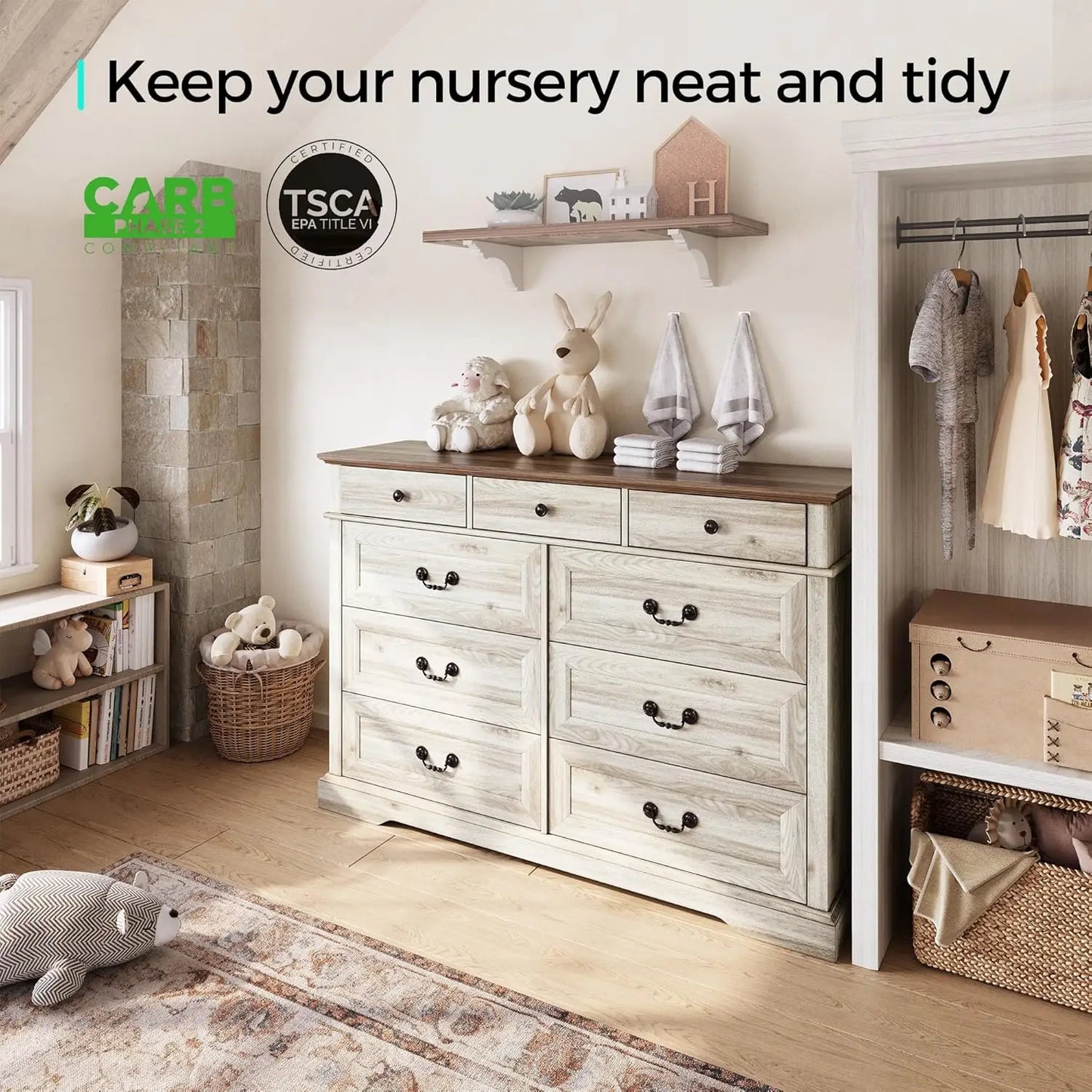 Farmhouse 9-Drawer Wood Dresser for Bedroom, Wide Chest Storage Organizer in Beige