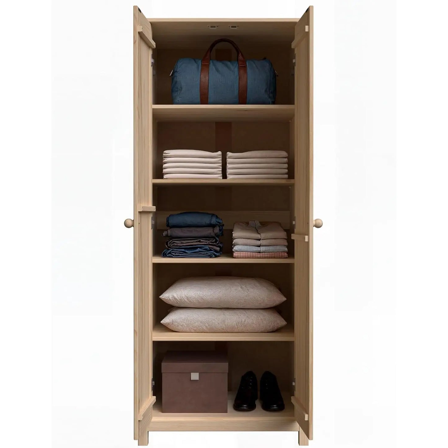 Solid Wood Armoire – 2-Door Wardrobe Cabinet with Adjustable Shelves, Tall Bedroom Storage Closet, Unfinished