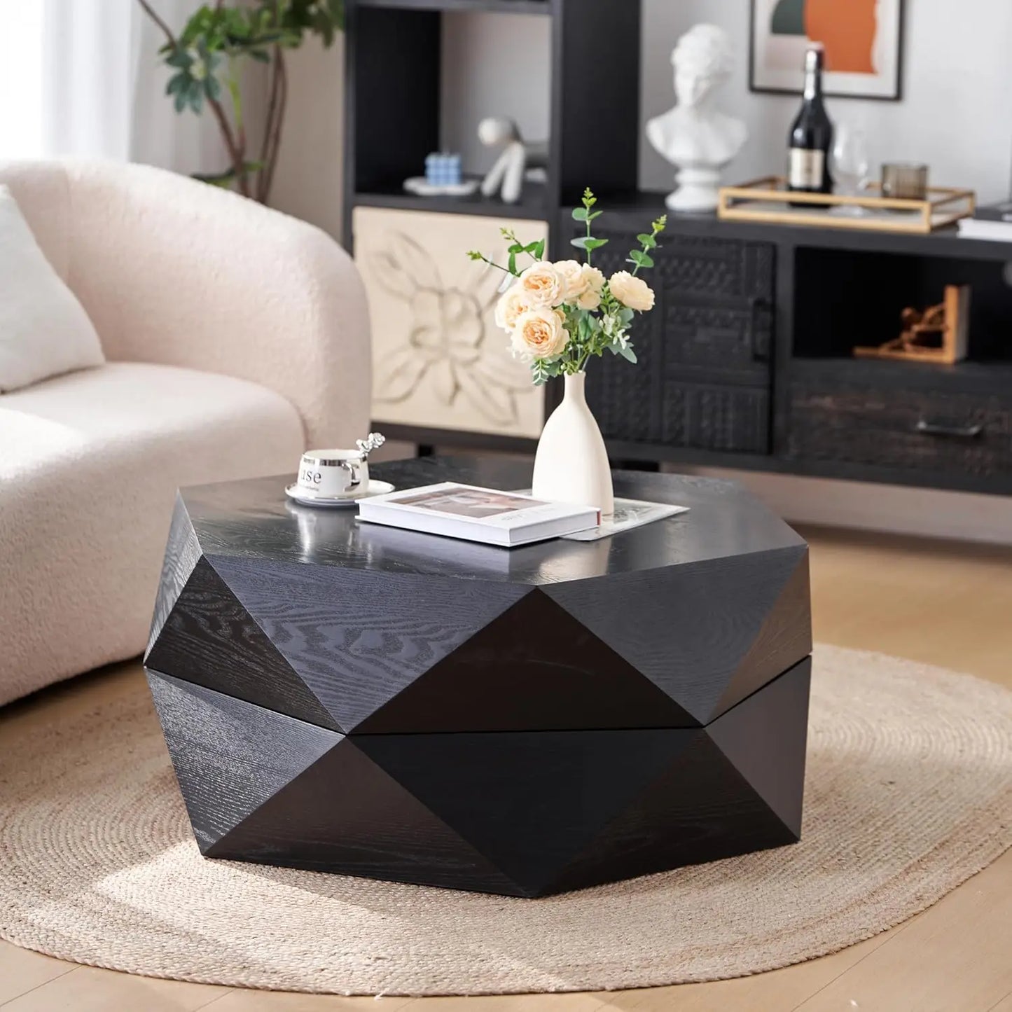 38" Modern Farmhouse Coffee Table, Drum Coffee Table