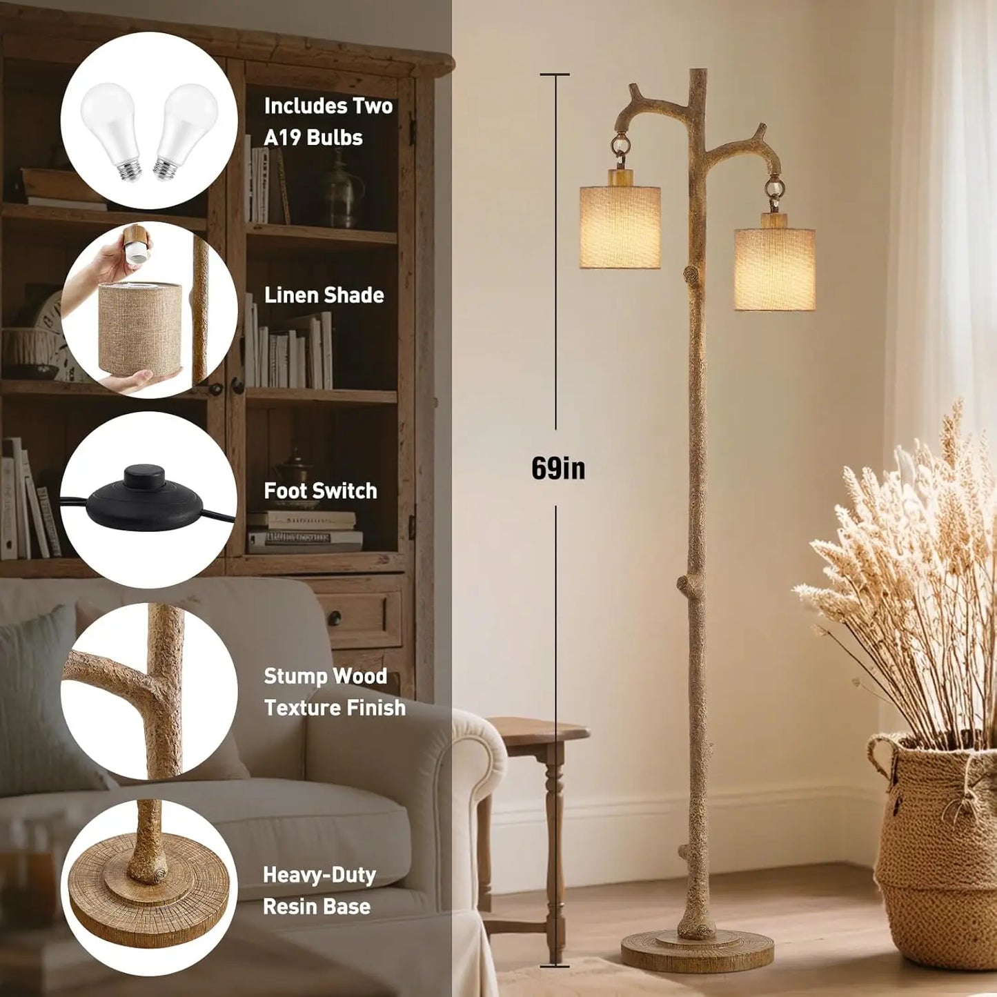 Rustic Farmhouse Floor Lamp with LED Bulbs - Tree Trunk Design for Living Room, Bedroom, Office Decor